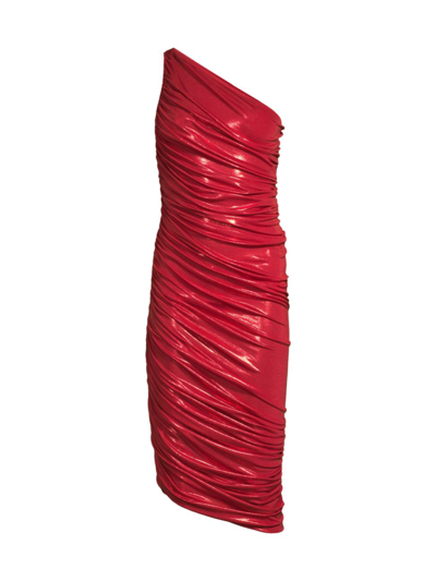 Norma Kamali Diana Metallic Ruched One-shoulder Gown In Tiger Red
