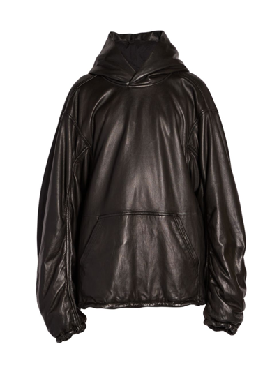 Balenciaga Ruched-sleeve Leather Hooded Sweatshirt In Black