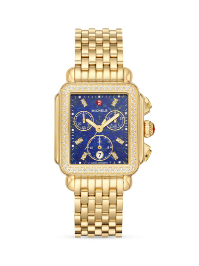 Michele Women's Deco 18k-gold-plated, Lapis Lazuli, & Diamond Chronograph Watch