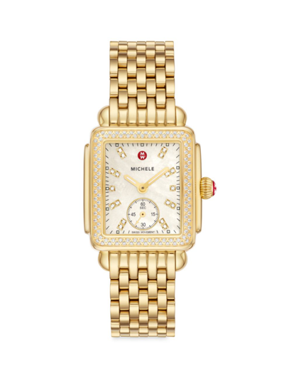 Michele Women's Deco Mid 18k-gold-plated & Diamond Bracelet Watch In Gold Tone / Mop / Mother Of Pearl / Yellow