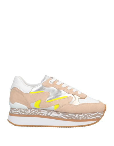 Manila Grace Shoes Beige Suede And Silver Leather Flatform Running Sneakers In White