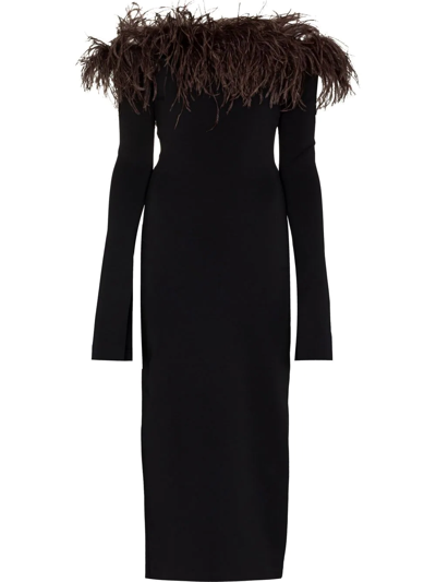 16arlington Orion Feathered Off-the-shoulder Midi Dress In Black