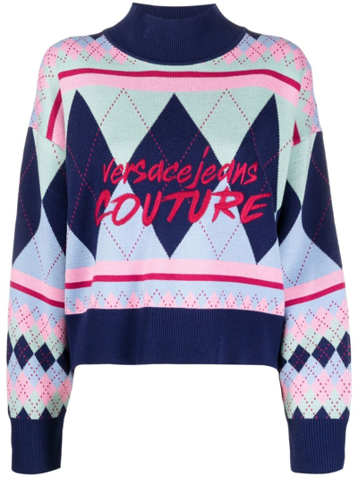 Versace Jeans Couture Argyle-knit Logo-embroidered Jumper In Blue,multi