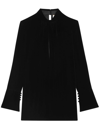 Saint Laurent Keyhole Long Sleeve Velour Minidress In Noir