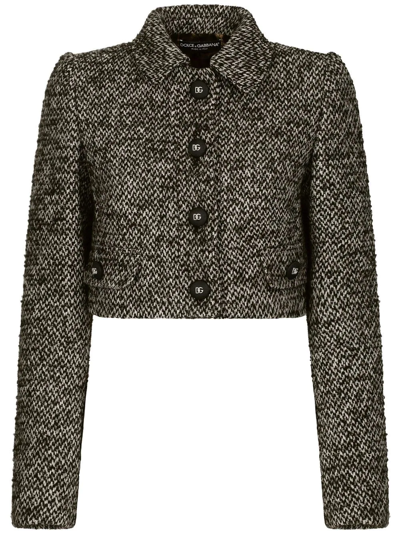Dolce & Gabbana Tweed Melange Wool Cropped Jacket In Gris