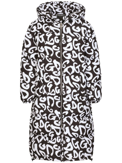 Dolce & Gabbana Logo-print Hooded Zip-up Coat In Schwarz