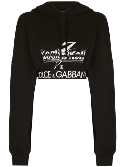 Dolce & Gabbana Rock N' Roll Cropped Hoodie W/ Branded Elastic In Black