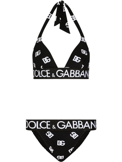 Dolce & Gabbana Triangle Bikini With All-over Dg Logo Print In Black