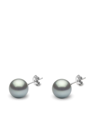 Yoko London 18kt White Gold Classic 11mm Grey Tahitian Pearl Stud Earrings In Silber