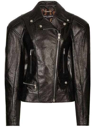 Dolce & Gabbana Leather Biker Jacket In Schwarz