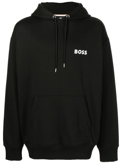 Hugo Boss Logo-print Fleece Hoodie In Black