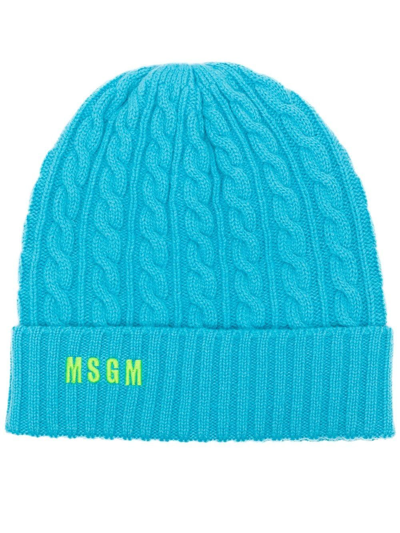 Msgm Cable-knit Logo-embroidered Hat In Blau