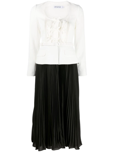 Self-portrait Belted Bow-embellished Crepe And Chiffon Midi Dress In Black,white