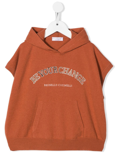 Brunello Cucinelli Kids' 盖袖针织连帽衫 In Orange