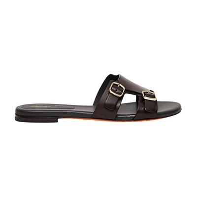 Santoni Leather Double-buckle Sandals In Dark Brown