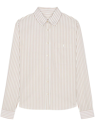 Saint Laurent Cassandre Shirt In Striped Cotton Poplin In Creme Caramel