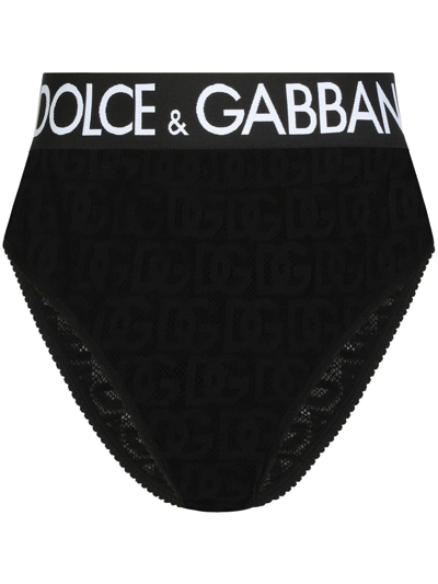 Dolce & Gabbana High-waisted Tulle Jacquard Briefs With Dg Logo In Black