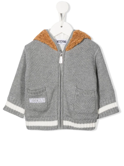 Moschino Babies' Teddy Bear-hood Knitted Jacket In Grey