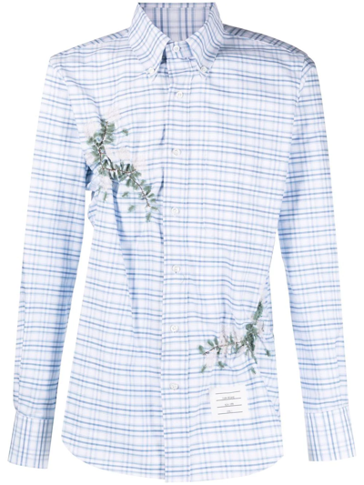 Thom Browne Leaf-applique Plaid-patterned Shirt In Blue