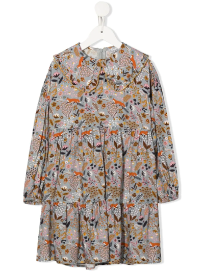 Il Gufo Kids' Fox Patterned Dress With Maxi Collar In Grey