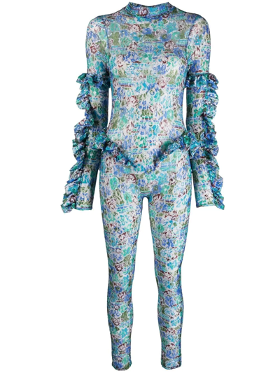 Collina Strada Floral-print Lace Jumpsuit In Blue