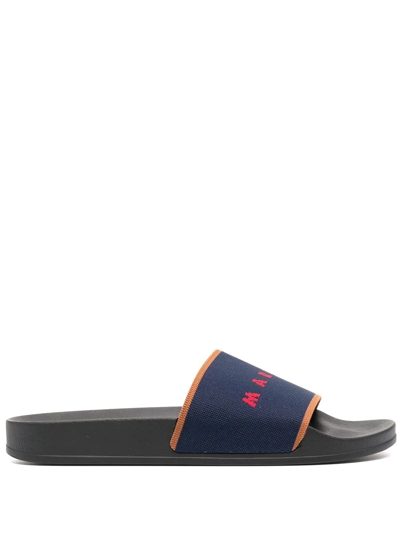Marni Jacquard Logo Flat Slides In Blue | ModeSens