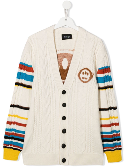Barrow Kids' Cable-knit Intarsia-logo Cardigan In White