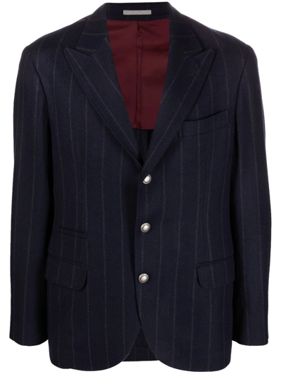 Brunello Cucinelli 细条纹单排扣西装夹克 In Blue
