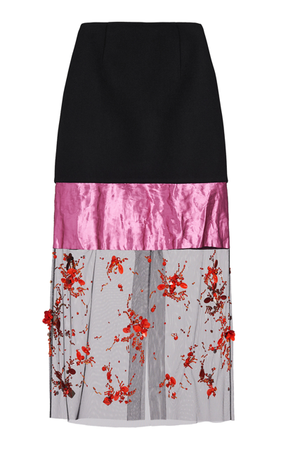 Prada Embroidered Cloth And Satin Midi-skirt In Begonia Pink/black