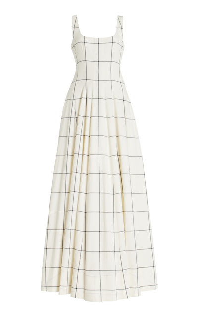 Staud Wells Pleated Checked Cotton-twill Maxi Dress In White