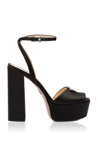 Prada Logo Satin Platform Ankle-strap Sandals In Black