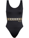 Balmain Embossed Chain Logo One Piece Swimsuit In Black