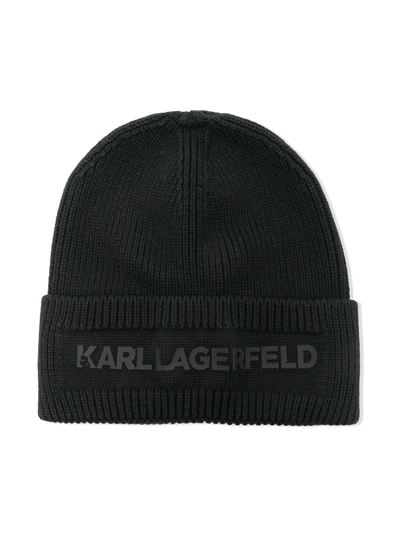 Karl Lagerfeld Kids' Embroidered-logo Knitted Beanie In Black