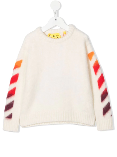 Off-white Kids' 箭头图案拉绒针织圆领毛衣 In White