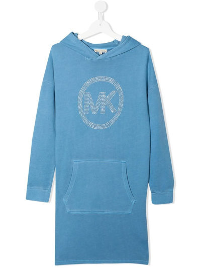 Michael Kors Kids' Crystal Logo-embellished Hooded Dress In Blue