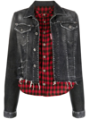Dsquared2 Cropped Raw Hem Denim Jacket W/ Checked Shirt Insert In Grey