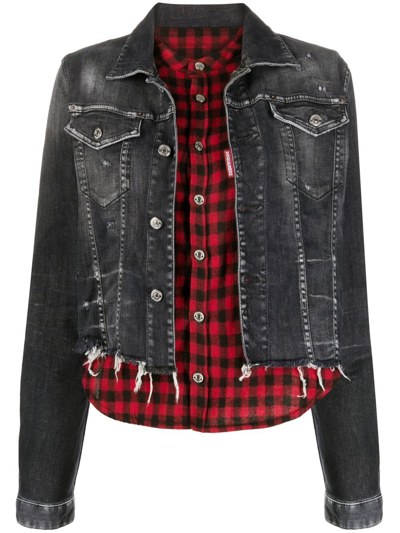 Dsquared2 Cropped Raw Hem Denim Jacket W/ Checked Shirt Insert In Black