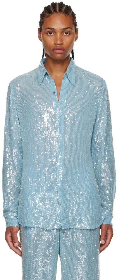 Dries Van Noten Men's Carvie Sequin Dress Shirt In Light Blue