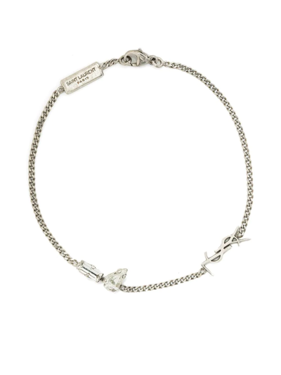Saint Laurent Monogram-logo Gemstone Bracelet In Silver