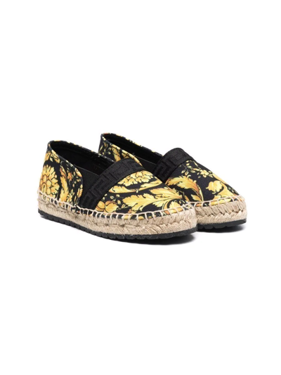 Versace Teen Barocco-print Espadrilles In Black Gold
