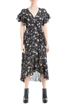 Maxstudio Ruffle Crepe High/low Wrap Midi Dress In Black Med Floral Twig