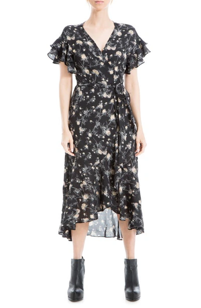 Maxstudio Ruffle Crepe High/low Wrap Midi Dress In Black Med Floral Twig