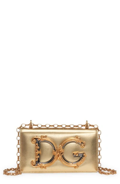 Dolce & Gabbana Logo Metallic Leather Crossbody Bag In Light Gold