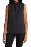 Ming Wang Smocked Mock Neck Sleeveless Blouse In Black