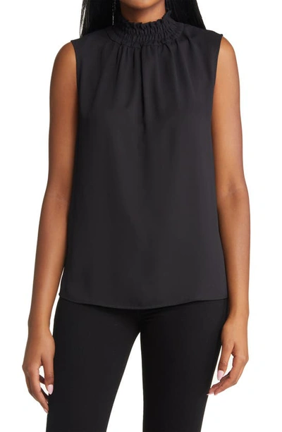 Ming Wang Smocked Mock Neck Sleeveless Blouse In Black