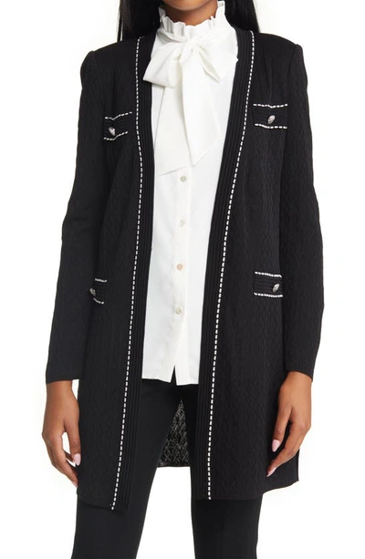 Ming Wang Pointelle Knit Duster Jacket In Black/ Ivory