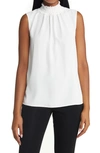 Ming Wang Smocked Mock Neck Sleeveless Blouse In White