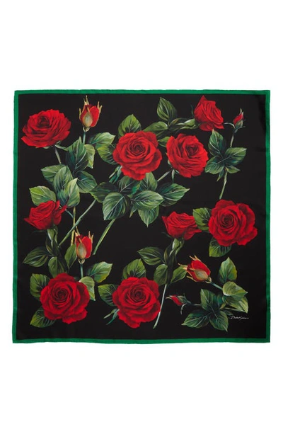 Dolce & Gabbana Flowers Square Silk Twill Scarf In Hn3vr Rose Rosse Fdo Nero