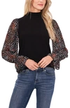 Cece Floral Sleeve Mock Neck Knit Top In Rich Black
