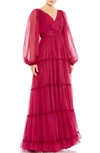 Mac Duggal Tiered Ruffle Long Sleeve Organza Gown In Berry